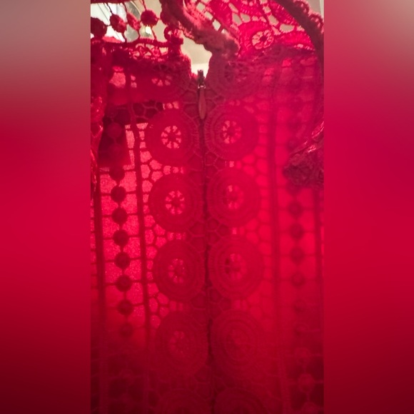 French Connection Lace Red Balloon Sleeve V-Neck Dress - Picture 8 of 13